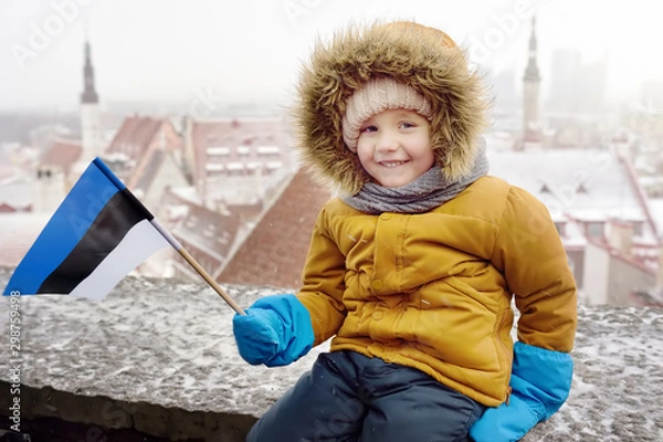 Fototapeta Little boy with flag of Estonia is sitting on the wall of Tallinn old town in winter.