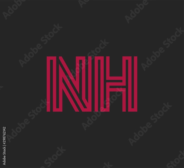 Fototapeta Initial two letter red line shape logo on black vector NH