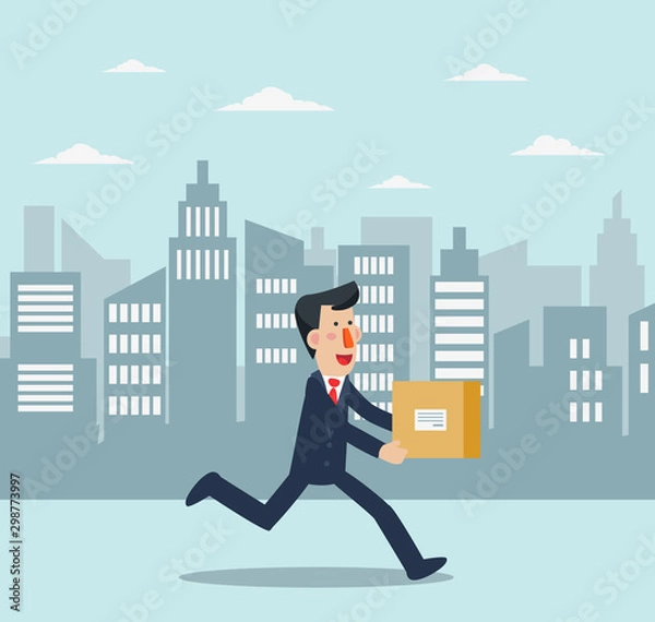 Obraz  Young business man running in the city street. Post letter, delivery service or e-mail vector concept