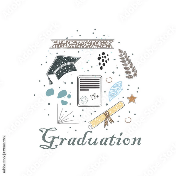 Obraz Graduation Package. Scandinavian Style, hand drawn design. Bow, tie, cap, mustache
