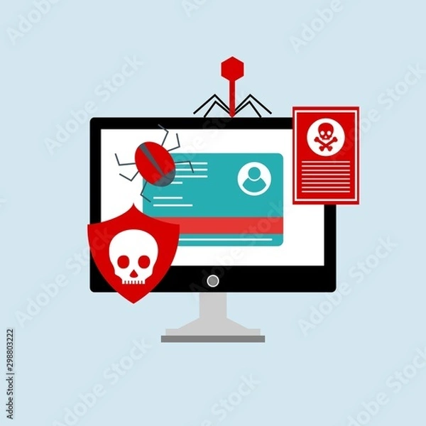 Fototapeta Ransomware malware wannacry risk symbol hacker cyber attack concept computer virus infection infographic. Vector online hacker risk illustration