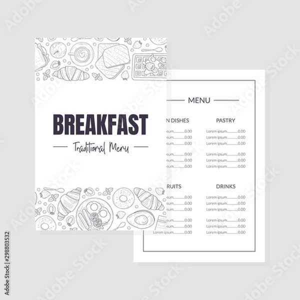 Fototapeta Breakfast Traditional Menu Template, Morning Food Dishes Placemat Brochure Vintage Hand Drawn Vector Illustration