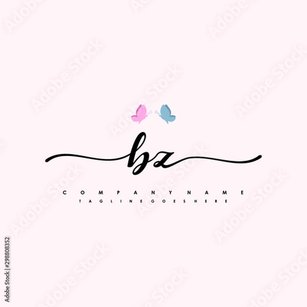 Fototapeta Initial BZ with a butterfly on the handwriting Logo vector. Letter Logo Handwriting Template. two blue and ping butterflies