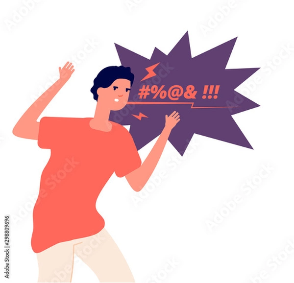 Fototapeta Man expressing anger. Irritated character, angry screaming man. Aggressive frustrated person swears in face, vector concept. Person angry, anger young stress expression illustration