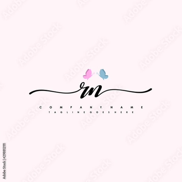 Fototapeta Initial RN with a butterfly on the handwriting Logo vector. Letter Logo Handwriting Template. two blue and ping butterflies