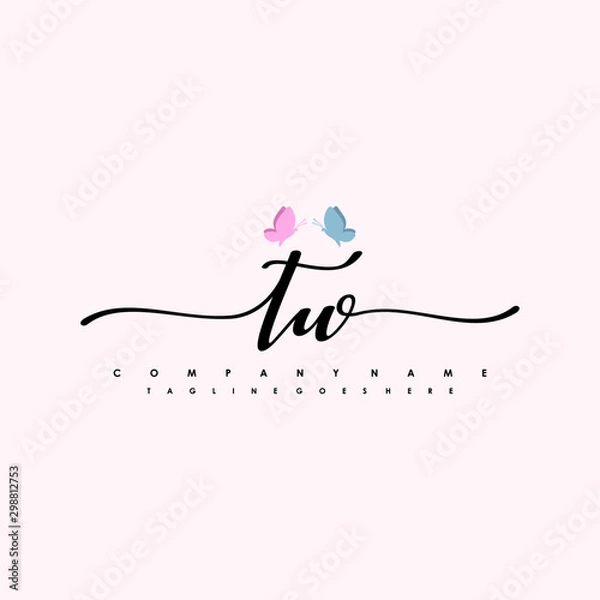 Fototapeta Initial TW with a butterfly on the handwriting Logo vector. Letter Logo Handwriting Template. two blue and ping butterflies