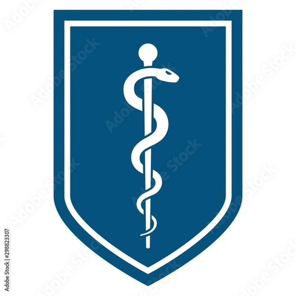 Fototapeta Medical symbol - Staff of Asclepius or Caduceus icon on the shield. The snake entwined around a wooden staff. Other name Rod of Aesculapius