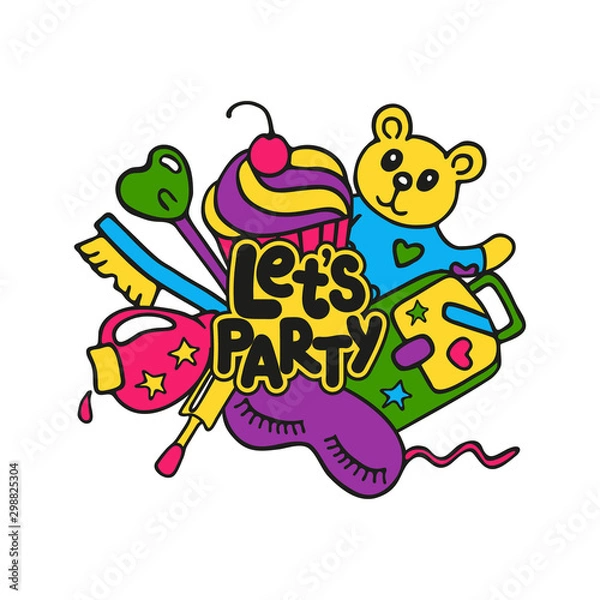 Fototapeta Hand drawn lettering Let's party. Bright colored concept for pajama sleepover or slumber party isolated on white background. Element for cards, stickers, posters, banners design. Vector illustration
