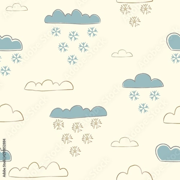 Fototapeta Winter Seamless Pattern with hand drawn cute clouds and falling snowflakes. For posters, wrapping paper, card, postcards, wall art, textile, wall art design, decorations, etc.