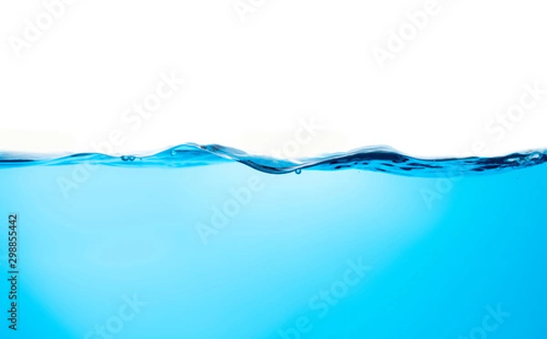 Fototapeta Blue water splashs wave surface with bubbles of air on white background.