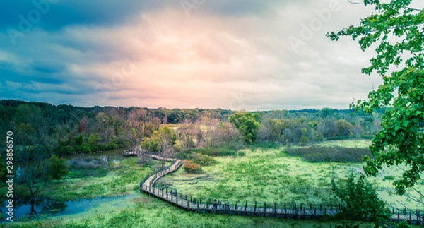 Fototapeta Panorama of a dramatic cloudy sky at sunset over michigan preserve boardwalk in natural wilderness