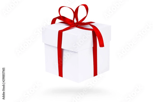 Obraz  White gift box with red ribbon isolated on white background. Part of set.