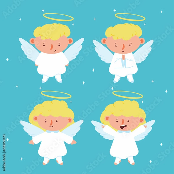 Fototapeta Cute Christmas angels with wings and halo vector cartoon characters set isolated on background.