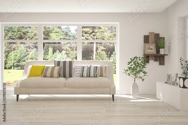 Fototapeta Stylish room in white color with sofa and summer landscape in window. Scandinavian interior design. 3D illustration