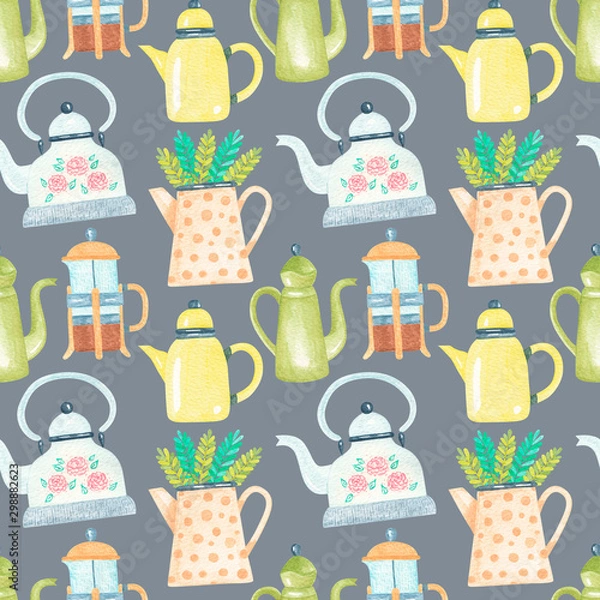 Fototapeta Different tea and coffee pots, kettles background. Tea and coffee time seamless pattern. Lovely design for kitchen textile. Watercolor illustration.