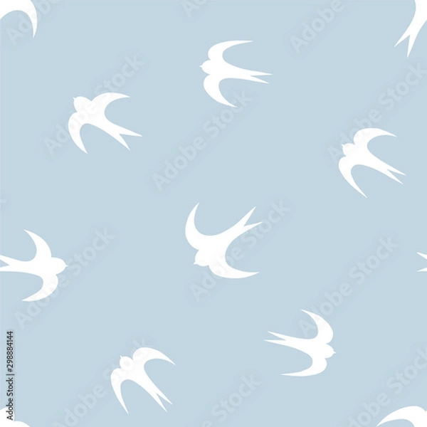 Fototapeta Seamless pattern with white silhouettes of swallows on blue background. Vector illustration.
