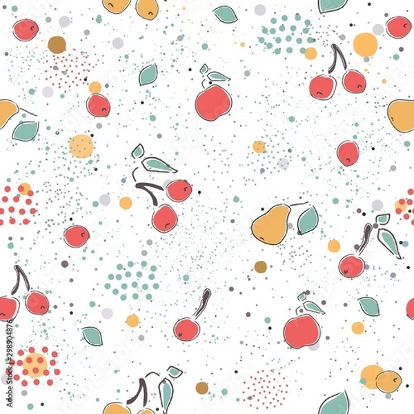 Fototapeta Cute Seamless Pattern with pears and dotted background. hand Drawn Delicate Design. Scandinavian Style. For cards, templates, gift paper, prints, decorations, templates, etc. Vector Illustration