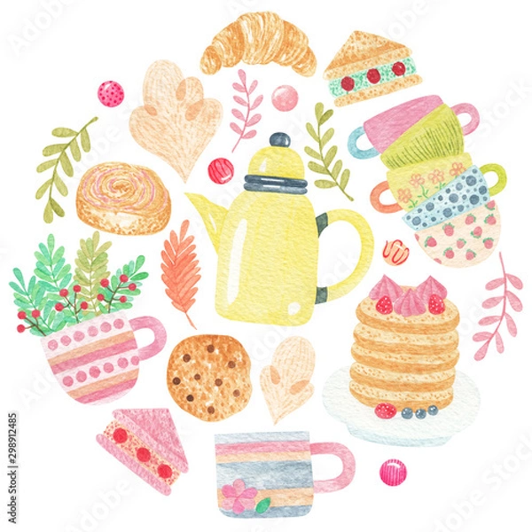 Obraz Round watercolor banner "Tea Time" with teapot, pancakes, cake, cup, cookies. Design element for party invitation, flyer, greeting card, banner, print. Tea time circle concept.