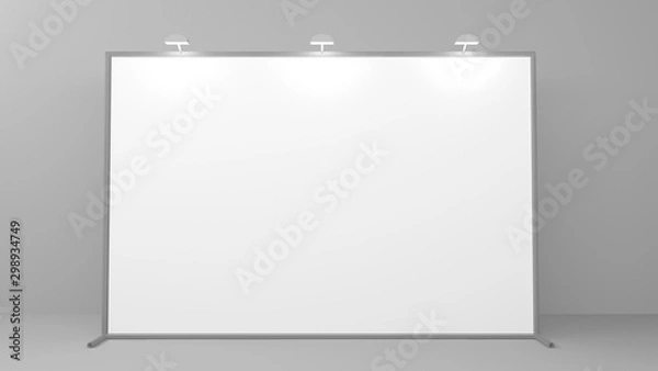 Fototapeta Billet press wall with blank banner. Mobile trade show booth white and blank. 3d render isolated on white background.