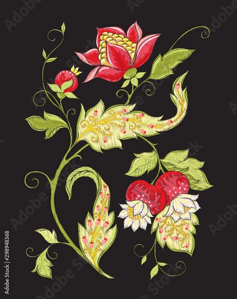 Fototapeta Elements for design. Fantasy flowers, traditional Jacobean embroidery style. Embroidery imitation. Vector illustration in red and green colors isolated on black background..