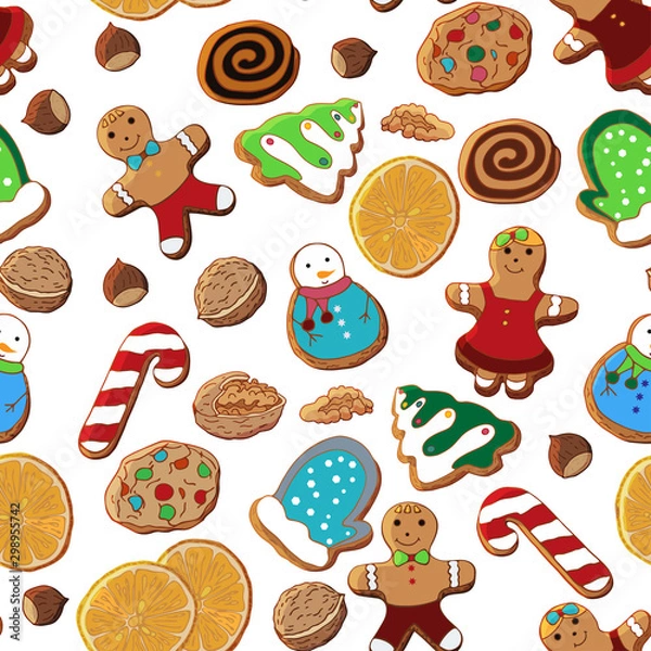 Fototapeta Seamless pattern of Christmas gingerbread, oranges, nuts. A set of illustrations on the theme Christmas traditions.