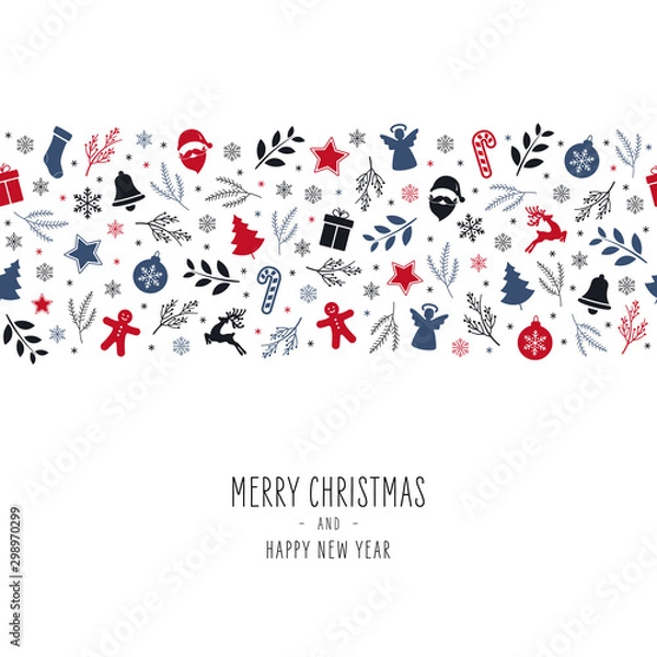 Fototapeta Christmas icon elements border card with greeting text seamless pattern isolated white background.