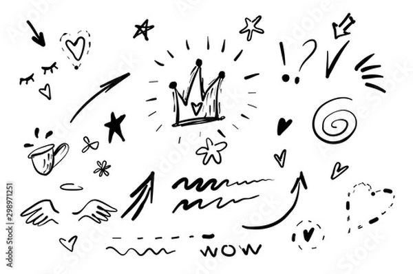 Obraz na wymiar Ręcznie rysowane doodle swishes, swoops, nacisk wektor zestaw. Kolekcja czarno-białych elementów tekstu podświetlenia, wir kaligrafii, ogon, kwiat, serce, korona graffiti.