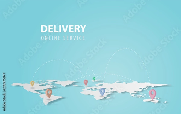 Fototapeta Smartphone technology application.Delivery service concept.Creative map world location network paper cut and craft style.Graphic Online transport background.Minimal blue pastel.Vector illustration
