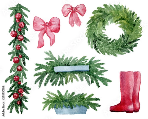 Obraz Set of watercolor Christmas decoration, hand drawn on a white background. Christmas decorations with spruce and red berries. Christmas balls.