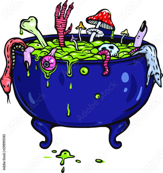 Obraz Vector cartoon illustration of magic potion pot (cauldron) isolated on white. Witch craft Halloween picture. Sticker, t-shirt design, tattoo art, holiday decoration. Colorful image.  