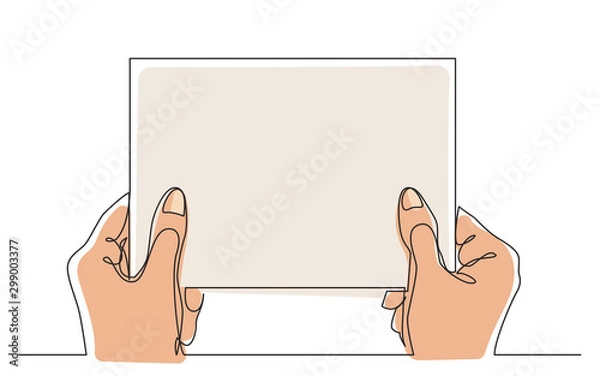 Fototapeta continuous line drawing of hands holding blank paper