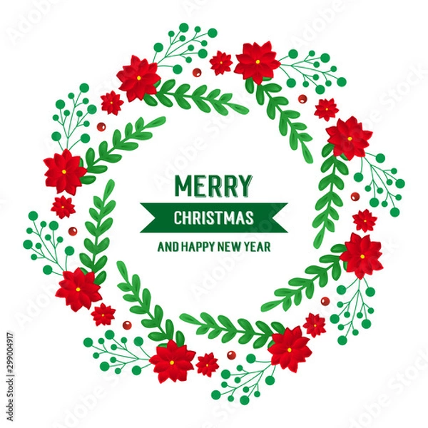 Fototapeta Text lettering merry christmas and happy new year with abstract green leaf flower frame. Vector