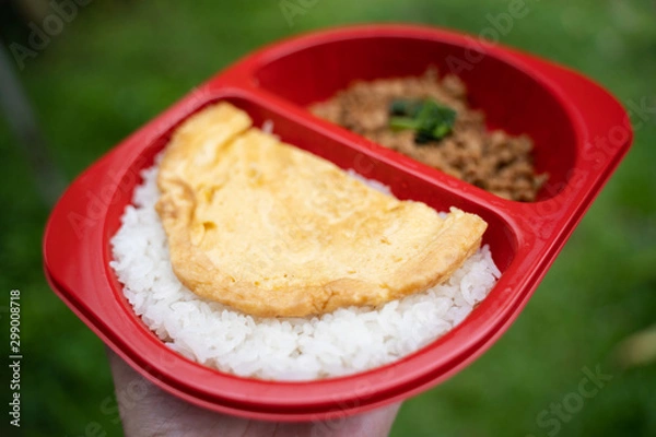 Fototapeta Stir fried pork with soy sauce with omelette