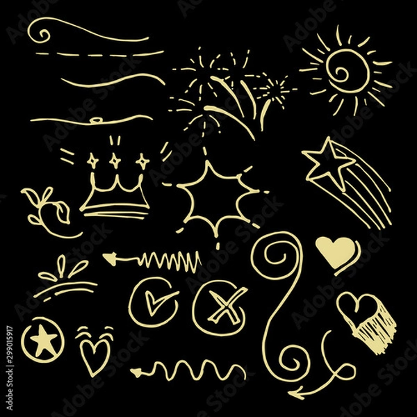 Obraz Vector doodle set of design element. curly swishes, swoosh, swoops, swirl, arrow, heart, love, crown, flower, star, firework, highlight text and emphasis element. use for concept design