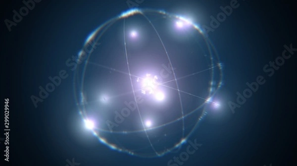 Obraz dynamic energetic blue atom model concept illustration of glowing proton neutron nucleus, visualization of atom space physics of centric gravity as idea of electrons orbiting as ordered particles