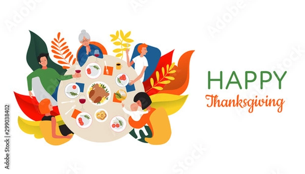 Obraz Happy Thanksgiving quote. Thanksgiving or Christmas dinner with extended family. Family celebrating Thanksgiving day with turkey on the table. Flat cartoon style design vector illustration.