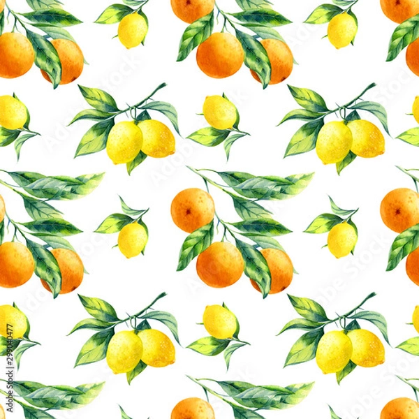 Fototapeta A seamless lemon and orange pattern on white background.