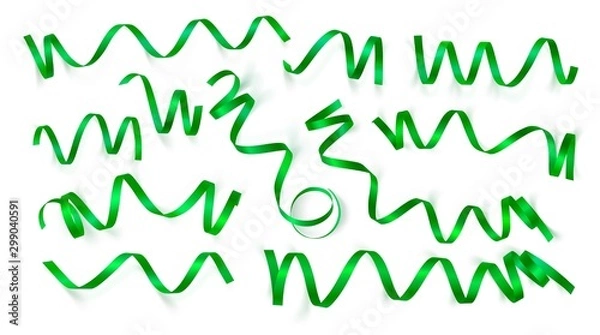 Fototapeta Set of realistic green ribbons on white background. Vector illustration. Can be used for greeting card, holidays, banners, gifts and etc.
