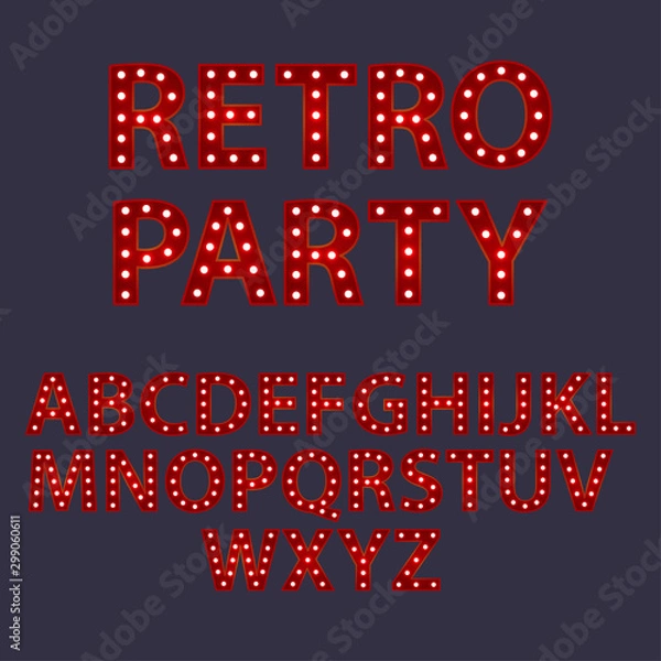Fototapeta Retro party. Set of red alphabet from English letters with luminous glowing lightbulbs. ABC vector typography words design. Template type font for poster.