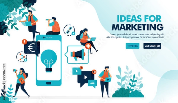 Fototapeta Business ideas by promoting products via mobile. Advertising and marketing with smartphone to profit. Flat vector illustration for landing page, web, website, banner, mobile apps, flyer, poster, ui