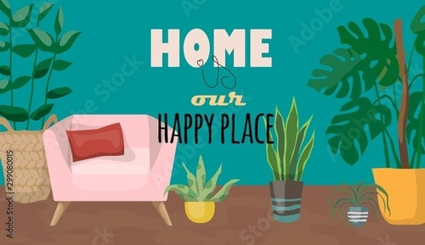 Fototapeta Home is our happy place. vector illustration with furniture and houseplants