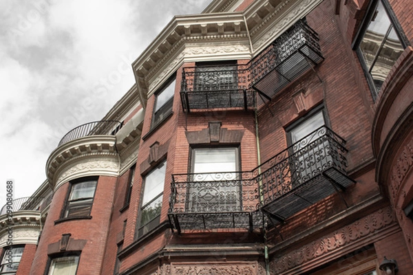 Fototapeta Elaborate wrought iron railings and frieze details on the face of old brownstones, horizontal aspect