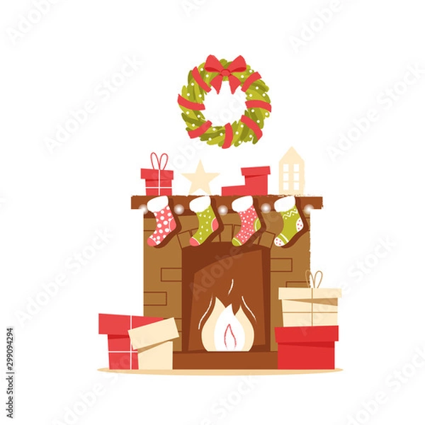 Fototapeta Classic brick fireplace with Christmas socks, gifts and a wreath on a neutral background. New year vector illustration in flat style for web banner, greeting card or tags