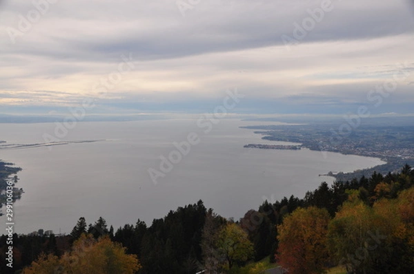 Fototapeta the Lake Constance seen from the top of the Pfänder, with Lindau island (Bavaria, Germany) on an autumn day, Voralberg, Austria