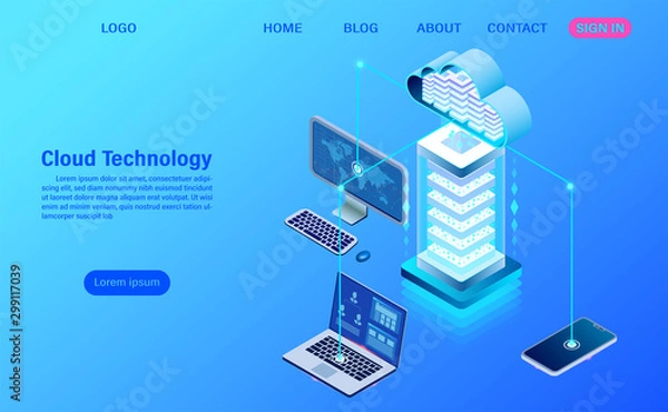 Fototapeta modern cloud technology and networking concept. Online computing technology. Big data flow processing concept, Internet data services vector illustration