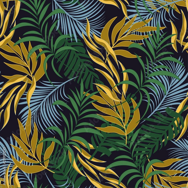 Fototapeta Original seamless tropical pattern with bright green and yellow plants and leaves on a dark background.  Seamless pattern with colorful leaves and plants. Exotic tropics. Summer.