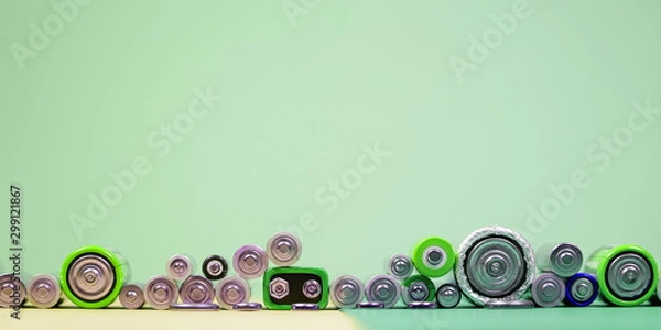 Fototapeta Many different types used or new battery, rechargeable accumulator, alkaline batteries on color background.