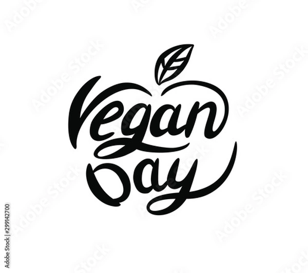 Fototapeta Vegan Day vector lettering sign with leaf.