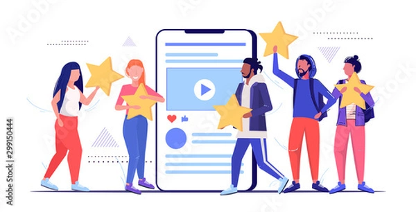 Fototapeta mix race people holding review stars customers rating client feedback satisfaction level concept men women using online mobile application sketch full length horizontal vector illustration