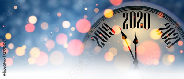 Fototapeta Blue blurred New Year 2020 banner with clock.